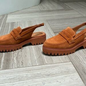 Andre Assous Rita Featherweights •suede slingback loafers in “gingerbread” color